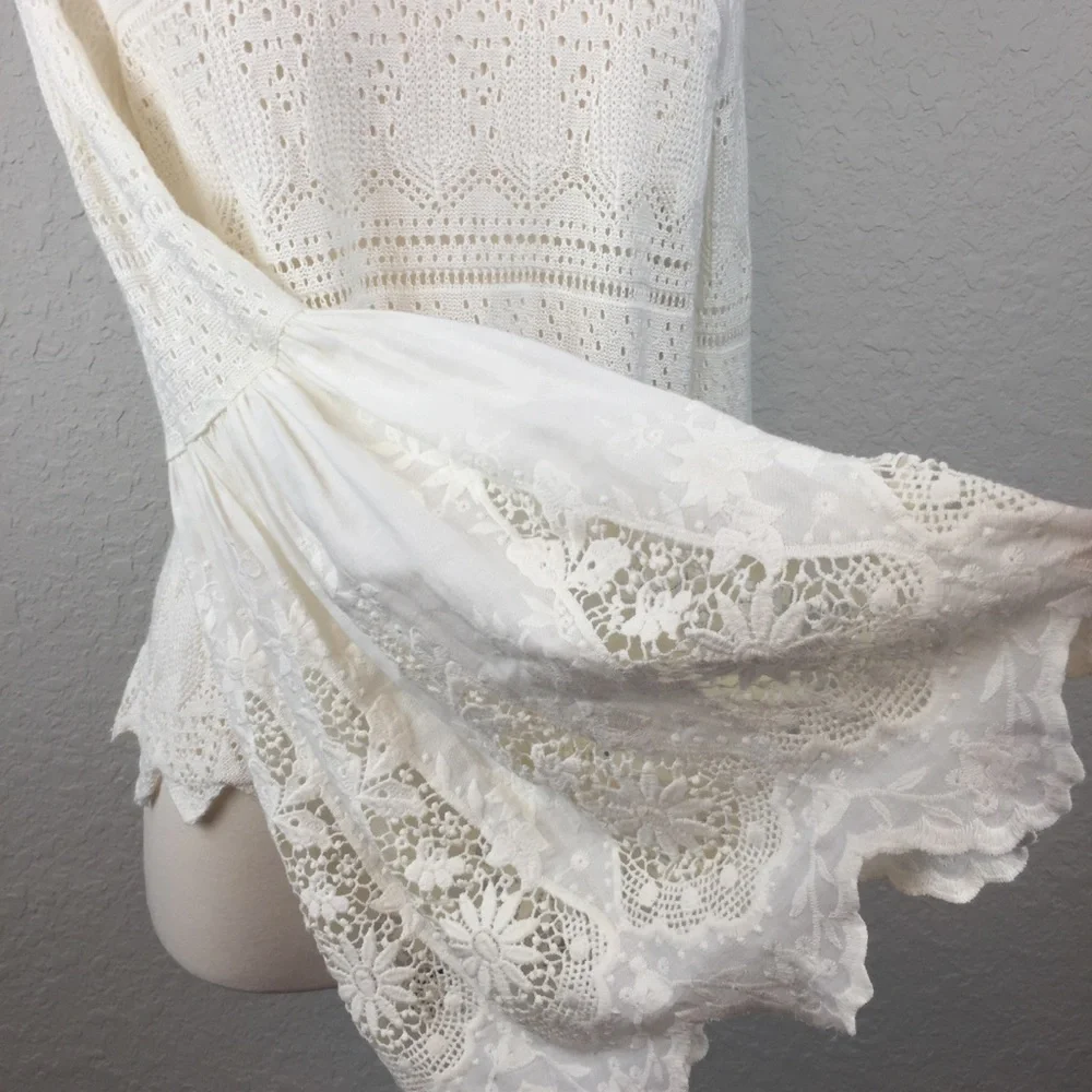 Free People Once Upon a Time Cream Crochet Lace Bell Sleeve Blouse
